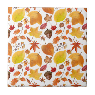 Natural Autumn Earth Tones Leaves and Acorns Tile