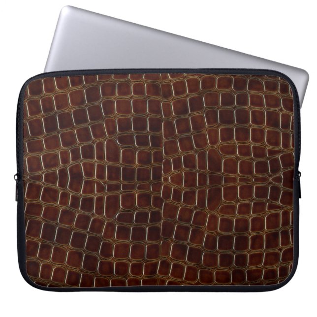 Natural background of lacquered brown crocodile le laptop sleeve (Front)