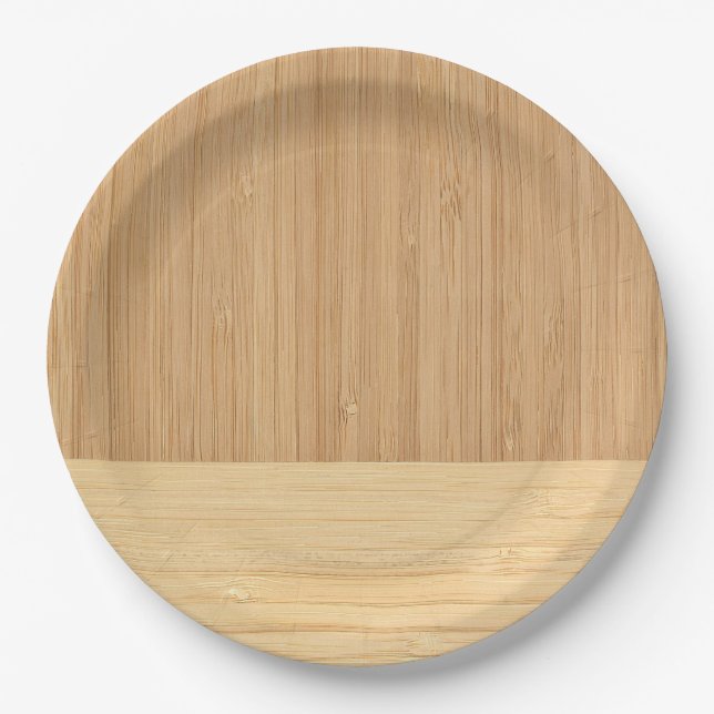 Natural Bamboo Border Wood Grain Look Paper Plate (Front)