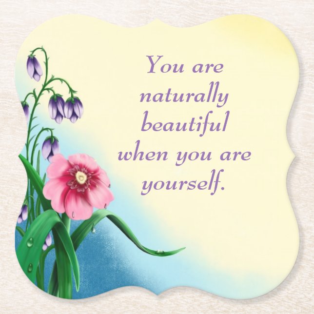 Natural Beauty Quote with Pink & Purple Flowers Paper Coaster (Front)