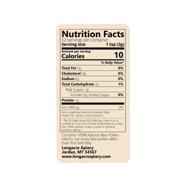 Natural Bee Pollen Nutrition Facts Gold Product Label (Front)