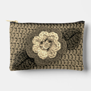 Natural Beige Ecru Flower Artisan Crochet Print    Accessory Pouch