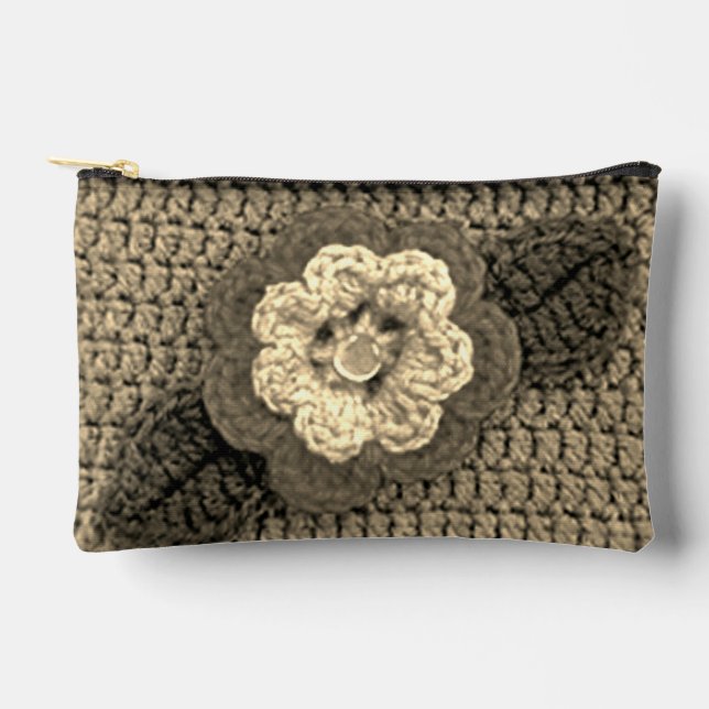 Natural Beige Ecru Flower Artisan Crochet Print    Accessory Pouch (Front)