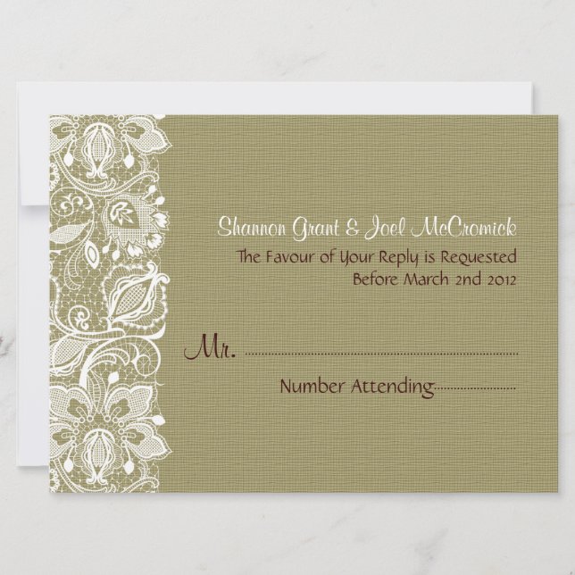 Natural Beige Linen Burlap & White Floral Lace Invitation (Front)