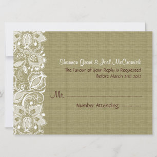 Natural Beige Linen Burlap & White Floral Lace Invitation