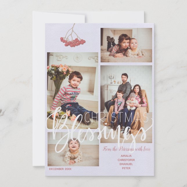Natural beige white blush 4 photos modern family holiday card (Front)