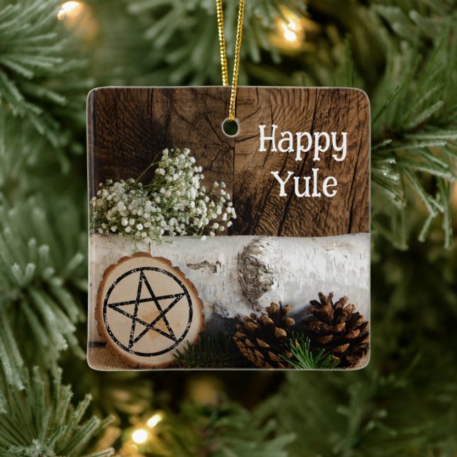 Natural Birch Tree Log and Pine Cones Happy Yule Ceramic Ornament (Tree)