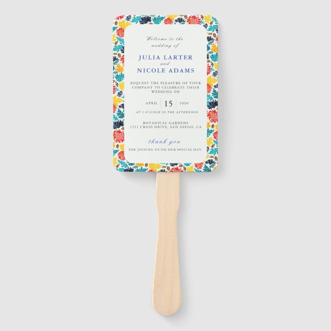 Natural Blue Yellow Watercolor Sunflowers Wedding Hand Fan (Front)