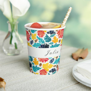 Natural Blue Yellow Watercolor Sunflowers Wedding Paper Cups