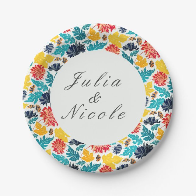 Natural Blue Yellow Watercolor Sunflowers Wedding Paper Plate (Front)