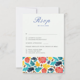 Natural Blue Yellow Watercolor Sunflowers Wedding RSVP Card