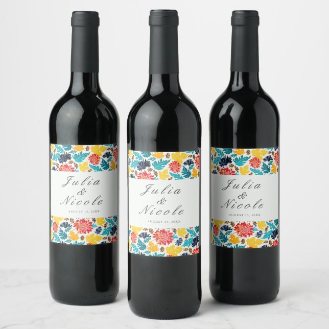 Natural Blue Yellow Watercolor Sunflowers Wedding Wine Label (Bottles)