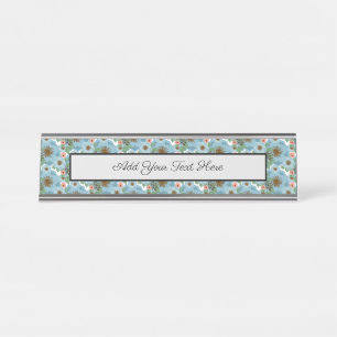 Natural Bohemian Pink Blue Flowers Green Leaves Desk Name Plate