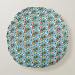 Natural Bohemian Pink Blue Flowers Green Leaves Round Cushion