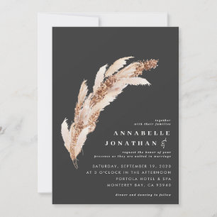Natural boho black pampas grass elegant wedding invitation