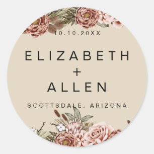 Natural Boho Floral Personalised Bride and Groom Classic Round Sticker