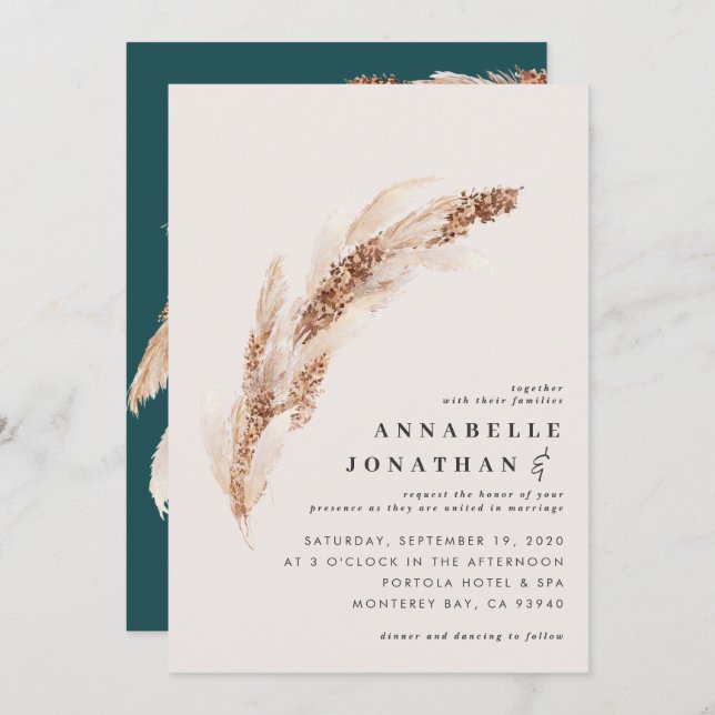 Natural boho teal pampas grass elegant wedding (Front/Back)