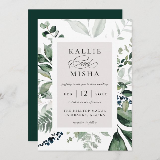 Natural Botanic Foliage Frame Emerald Wedding Invitation (Front/Back)