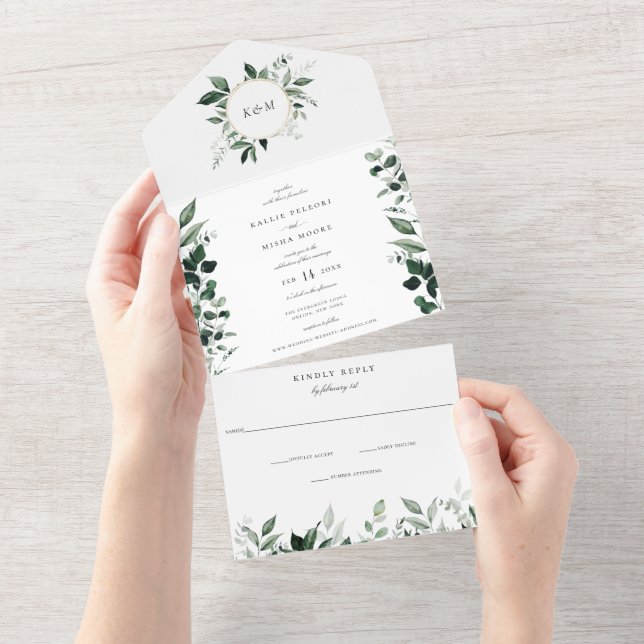 Natural Botanic Greenery Emerald Green Wedding All In One Invitation (Tearaway)
