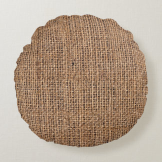 Natural Brown Burlap Canvas Coarse Grunge Backgrou Round Cushion