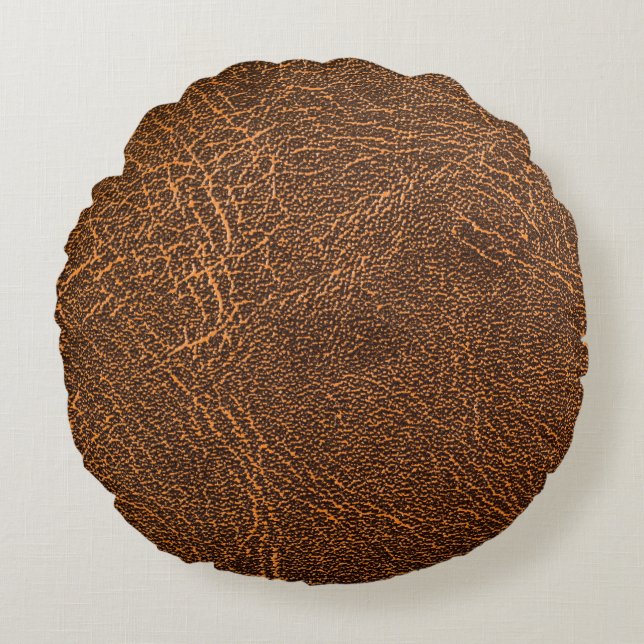 Natural Brown Leather: Textured Background Round Cushion (Front)