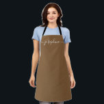 Natural brown Simple Chic Elegant script Name Apron<br><div class="desc">She'll love a personalised apron as she bakes those goodies,  cooks delicious dishes,  or works with her plants. A perfect gift to encourage her talents. White script for the name with long-tail embellishments on natural brown.</div>