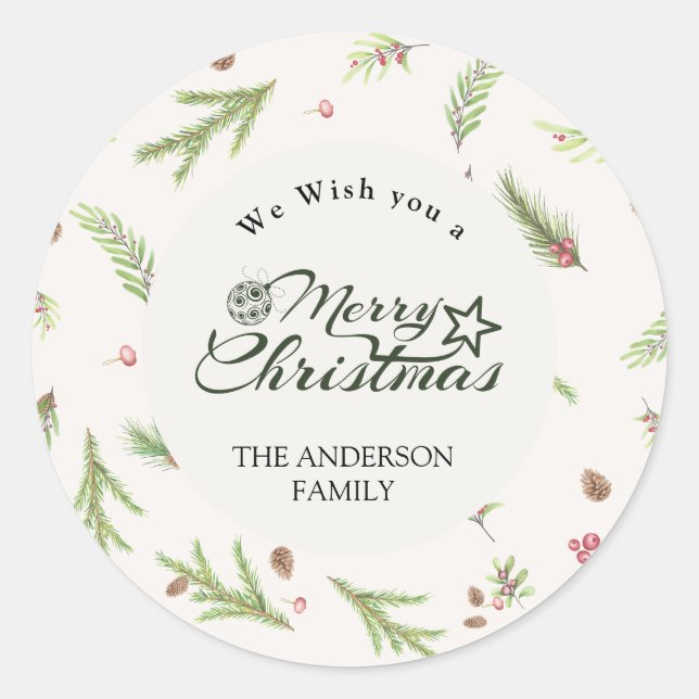 Natural Christmas minimal elegant botanical Classic Round Sticker (Front)