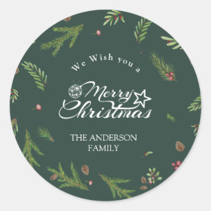 Natural Christmas minimal elegant Green botanical Classic Round Sticker