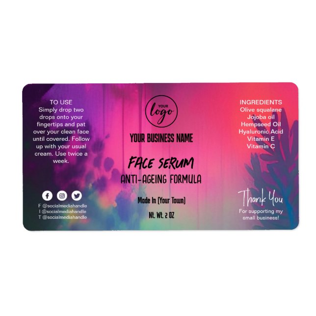 Natural Colourful Face Serum Bottle Dropper Label (Front)