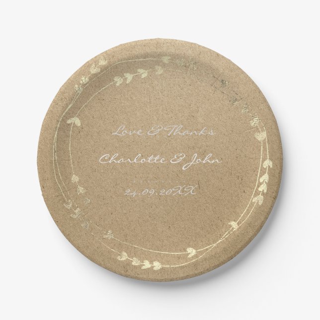 Natural Eco Kraft Foxier Gold Wreath Heart Paper Plate (Front)