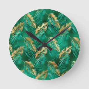 Natural Emerald Green Palm Leaf Bright Golden Round Clock