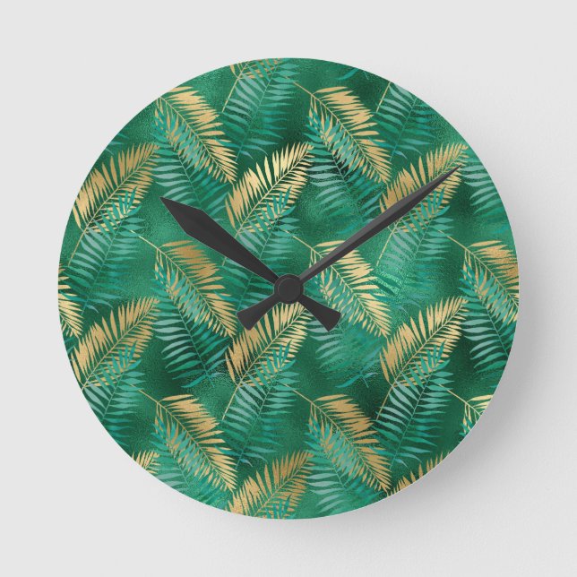 Natural Emerald Green Palm Leaf Bright Golden Round Clock (Front)