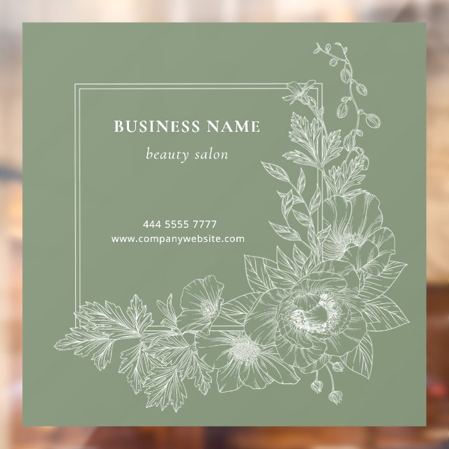 Natural Floral Border Beauty Salon Muted Green Window Cling (Sheet 2)
