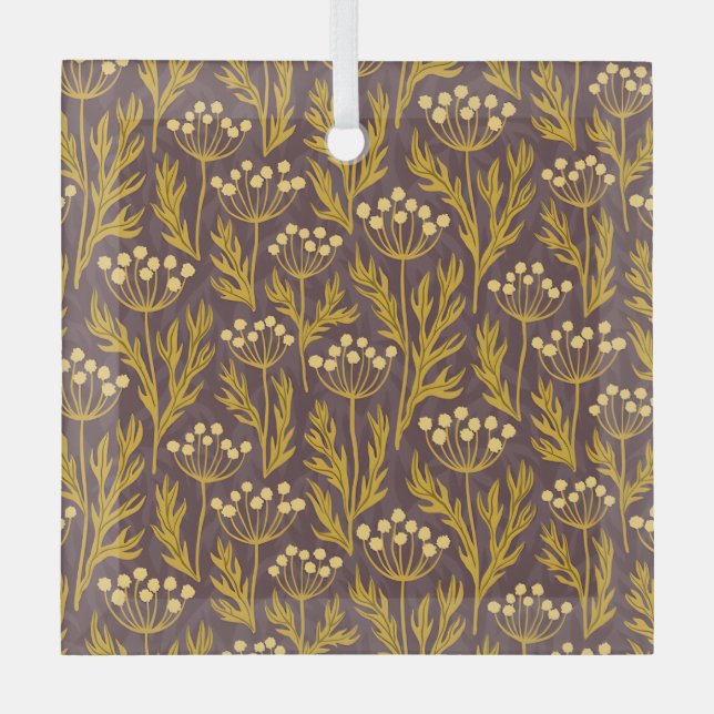 Natural Floral Pattern: Golden Accents  Dark Canva Glass Tree Decoration (Front)