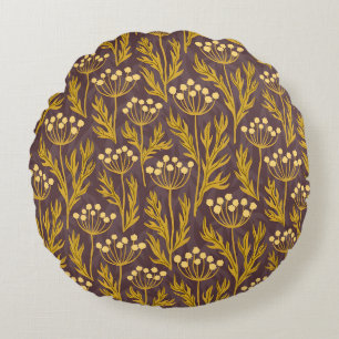 Natural Floral Pattern: Golden Accents Dark Canva Round Cushion