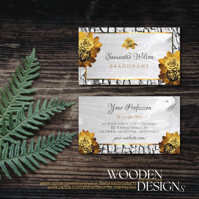 Natural Floral White Wood Grain Tree Bark Roses Business Card (Creator Uploaded)