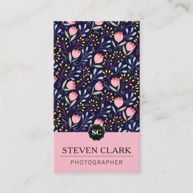 Natural Flower Illustrations / Monogram (Pink) Business Card (Front)