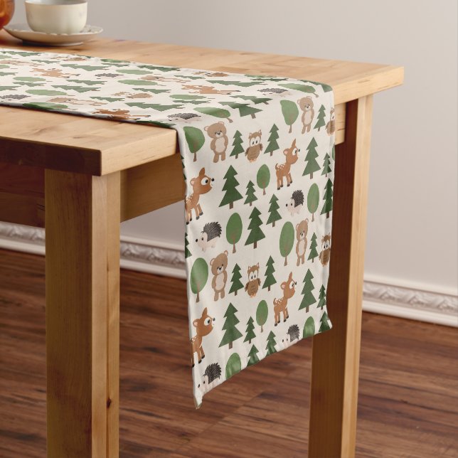Natural Forest Animals Deer Owl Bear Pine Trees Long Table Runner (In Situ)