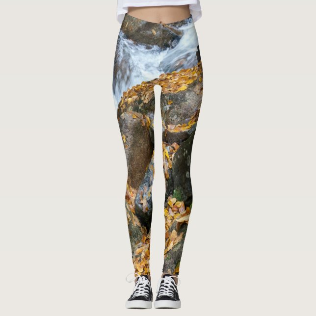 natural golden leaves waterfall rocks leggings (Front)