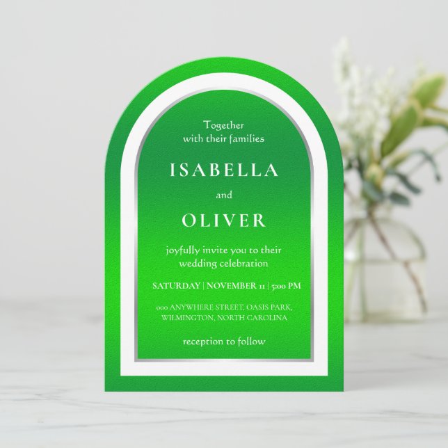 Natural grass green white text wedding invitation (Standing Front)