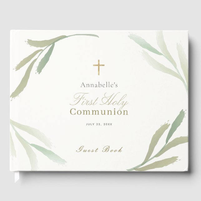 Natural Green Foliages First Holy Communion Guest Book (Front)