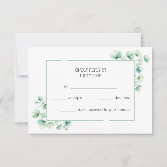 Natural Green Hand Painted Eucalyptus Wedding RSVP Card (Front)