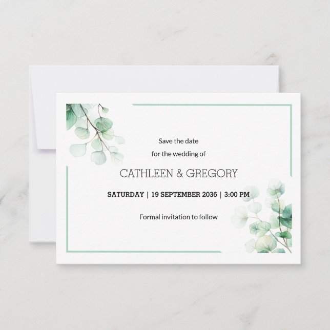 Natural Green Watercolor Eucalyptus Leaves Wedding Save The Date (Front)