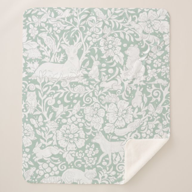 Natural Green White Drawing Woodland Wild Animals Sherpa Blanket (Front)