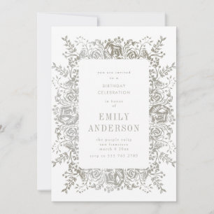 Natural Grey Floral Birthday Invitation