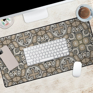 Natural Grey Taupe Beige Brown Tribal Art Pattern Desk Mat
