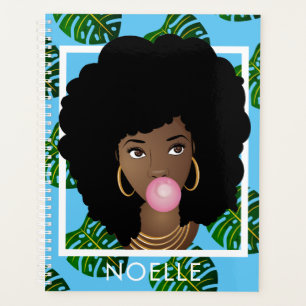 Natural Hair Popping Bubble Gum Leaf Pattern Blue Planner