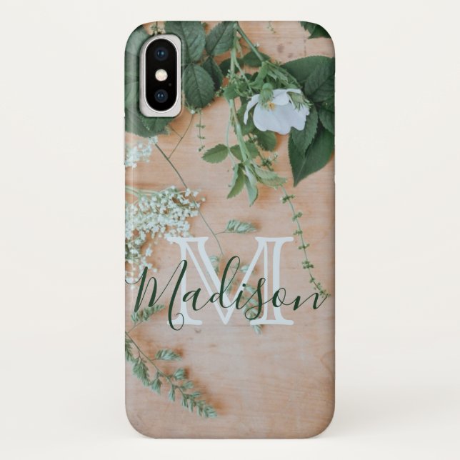 Natural Leaf Floral Wood Green Cool Initial Name Case-Mate iPhone Case (Back)