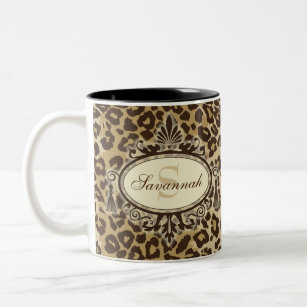 Natural Leopard Pattern Custom Name Monogram Two-Tone Coffee Mug