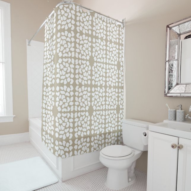 Natural Light Taupe & White Tile Print Shower Curtain (In Situ)